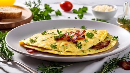 Egg omelette with fried bacon and rosemary on a white plate on the dining room tableの素材