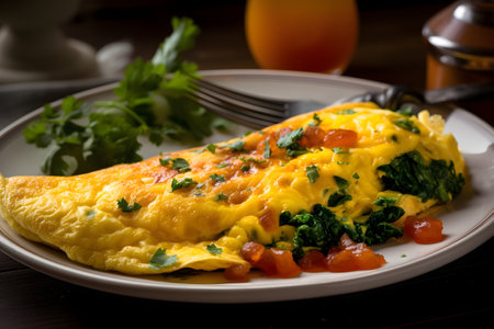 Egg and herb omelette with ketchup in a white plate on the morning breakfast tableの素材