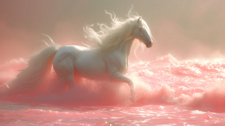 A white horse with a large mane fluttering in the wind runs along the seashore in the waves of surfの素材