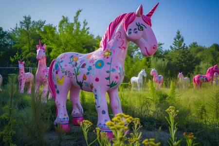 Figures of fairy pink and white painted unicorns and ponies on the green grass in the parkの素材