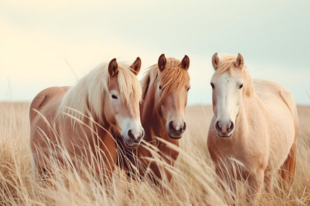 A trio of brown grasshoppers in a field among tall autumn yellow grassesの素材