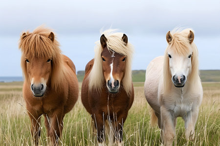 A trio of short, long-haired horses of brown and white colors in a field grazing on a farmの素材