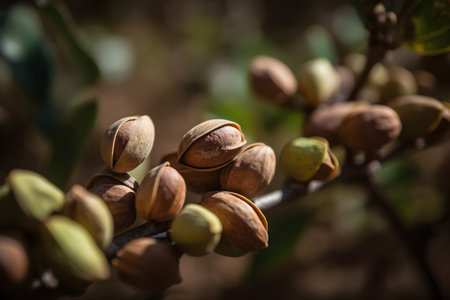 Budding pistachios bathed in the warm, gentle light of a spring morning.の素材