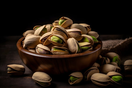 Fresh Pistachio Nuts in a Wooden Bowl on a Dark Tableの素材