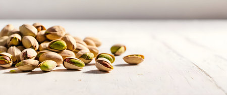 Gourmet Delight Pistachios on White Table in Warm Glow Close-upの素材