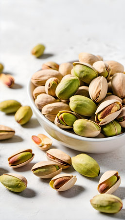 Wholesome Snacking Fresh Pistachios Spilled on White Surface in Warm Ambianceの素材