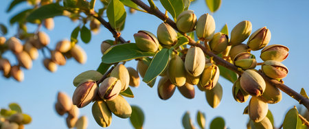 Bountiful Orchard Pistachio Tree Laden with Sun-Kissed, Ripened Nutsの素材