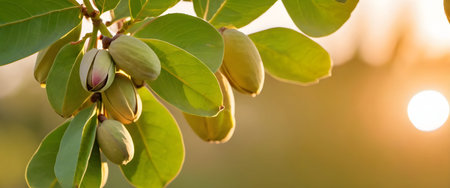 Golden Twilight Harvest Pistachios on a Branch Glowing in the Evening Sunlightの素材