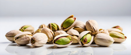 Healthy Temptation Close-up of Pistachios Nuts on White Table with Glowの素材