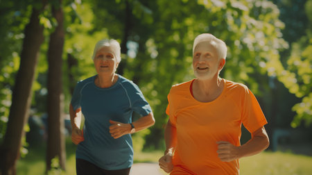 Positive elderly couple man and woman jogging on a sunny morning in natureの素材