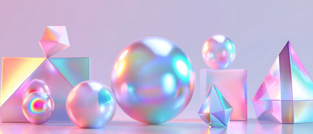 Shimmering Chrome-Effect Holographic 3D Shapes Layers and Cubes on a Reflective Surfaceの素材