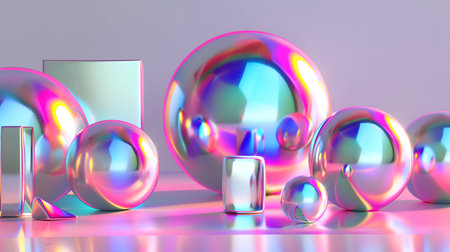 Glossy Minimalism Reflective Chrome Holo Cubes and Spheresの素材