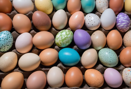 Colorful hand-painted Easter eggs in a variety of colors and patterns in an egg trayの素材