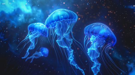 Serenity Dance A Cluster of Ethereal Jellyfish Gliding in the Deep Blue Oceanの素材