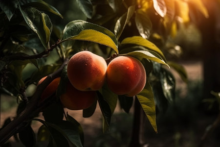 Fruit Peaches Hanging Peach Tree, Vibrant orange fruits peach fuzz texture, green leaves backgroundの素材