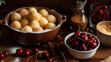 Wooden table displaying bowls filled with ripe cherries creating a vibrant and colorful displayの素材