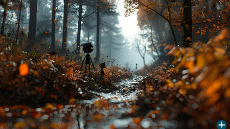 Silhouettes of animated mothers and daughters standing among the forest beauty of nature surrounded by treesの素材