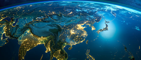 Earth glows in darkness of space, India China Japan city lights shining brightly backdrop universeの素材