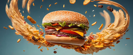 Hamburger is caught in a whirlwind, soaring through the air amidst a chaotic mix of junkの素材