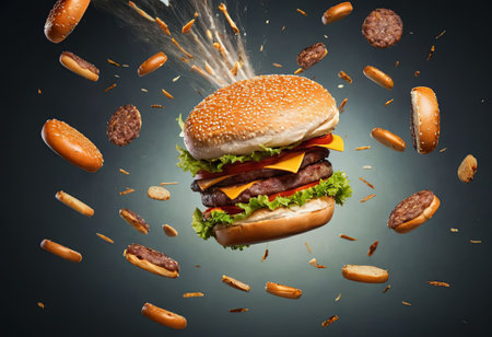 Hamburger floats in the air surrounded by a flurry of burger partsの素材