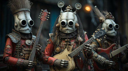 Group of military musicians in strange fancy costumes masks with guitars in abstract army uniformの素材