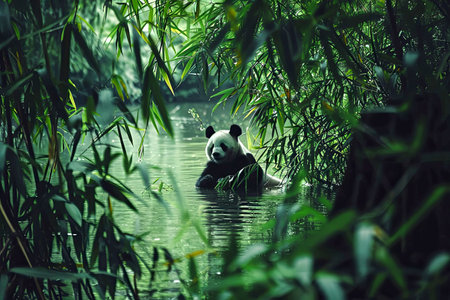Panda bear gracefully swimming in a body of waterの素材