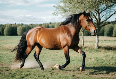Horse galloping at full speed across a field with green grass and trees in the backgroundの素材