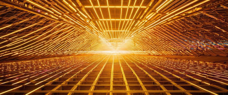 Space filled an abstract geometric grid neon yellow lights, creating bright and lively atmosphereの素材