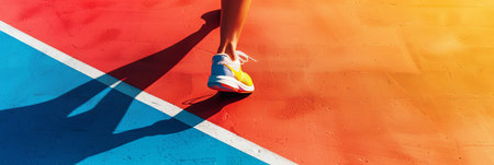 Legs of a person in sneakers running on a colorful bright court casting a shadowの素材