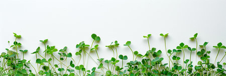 Close-up shot of fresh green microgreen sprouts arranged in a row against a white background, banner with copy spaceの素材