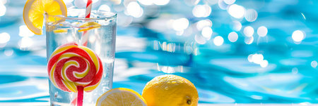 Glass of refreshing lemonade with a lollipop and lemon slices by a pool on a sunny dayの素材