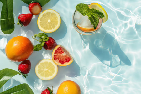 Glass lemonade with ice, mint leaves and lemon slice, flat lay floating in water by the poolの素材