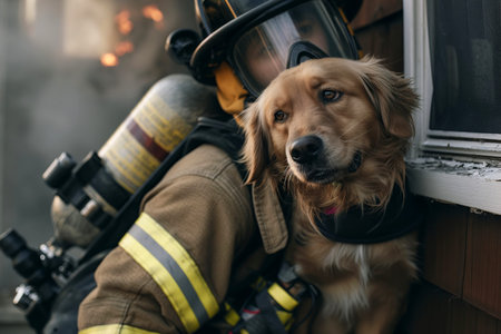 Young dog in the arms of a rescue firefighter before a fire in a houseの素材