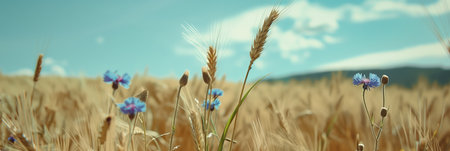 Vibrant Wildflowers Cornflowers Blooming in a Summer Wheat Field Golden Stalks of Wheatの素材