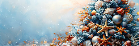 A watercolor painting of a Christmas tree decorated with seashells, starfish, seahorses, and ornaments in soft pastel colors against a white background.の素材