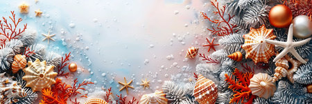 A watercolor painting of a white Christmas tree decorated with seashells, starfish, seahorses, and ornaments.の素材