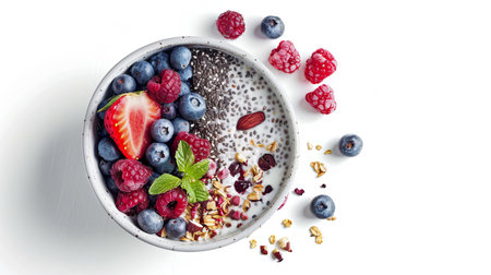 A close-up view of a bowl filled with a creamy chia seed pudding topped with fresh blueberries, raspberries, strawberries, and almonds.の素材