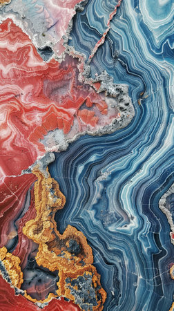The intricate, wavy bands of blue, red, and gold swirl in an agate geode.の素材