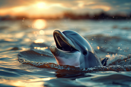 A dolphin swims in the ocean during a beautiful sunset. The dolphin is smiling, showing its teeth and looking up at the camera.の素材