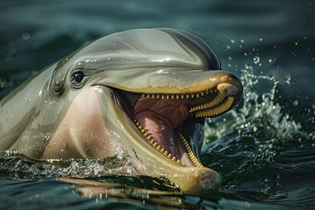 A close-up of a dolphin with its mouth open in a smile as it swims in the ocean, creating small splashes.の素材