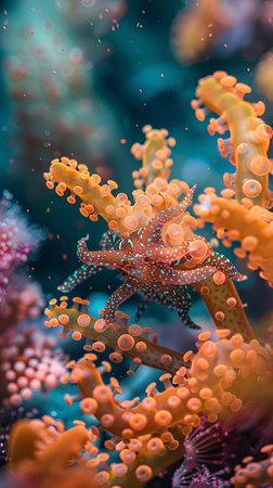 A vibrant octopus camouflages itself amidst orange and purple coral, with a turquoise background and sunlight streaming through the water.の素材