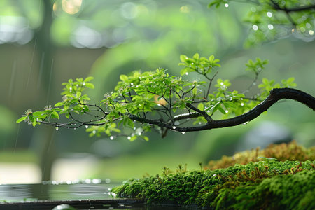 A close-up of tree branches and leaves in a Zen garden, with moss growing on the ground and water in the foreground. The background is blurred, creating a serene atmosphere.の素材