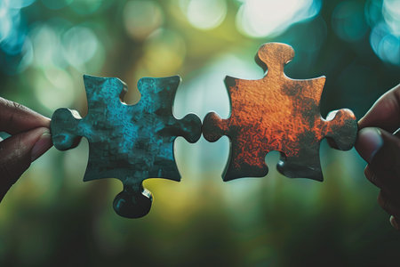 A close-up view of two hands holding two puzzle pieces together. The pieces are blue and brown with a blurry forest background.の素材