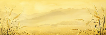 A fine brushstroke painting depicts a wheat field in the foreground, with stalks of wheat reaching towards the sky. The background features soft, muted yellow hills and a hazy, atmospheric effect. The painting utilizes a monochromatic yellow color scheme, creating a sense of calm and tranquility.の素材