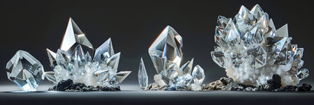 Four clear crystals with intricate internal structures and sharp, well-defined edges are showcased against a dark background. Each crystal displays natural imperfections, such as tiny inclusions, cracks, and air bubbles, adding to their unique beauty.の素材