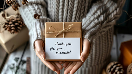 A person is holding a wrapped gift in their hands. The gift is wrapped in brown paper and tied with twine. A small white card with handwritten calligraphy is attached to the gift that reads Thank you for your purchase!. The person is wearing a soft, light gray knitted sweater.の素材