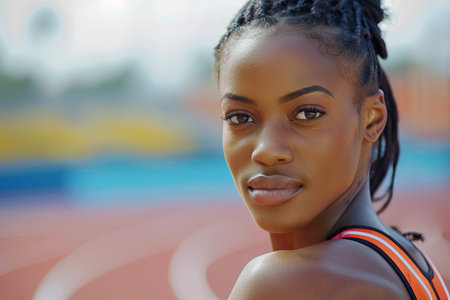 A female sprinter in a bright orange and white athletic uniform, with her hair braided, stands on a red track. She is looking over her shoulder with a serious expression on her face. The track and field stadium is visible in the background.の素材