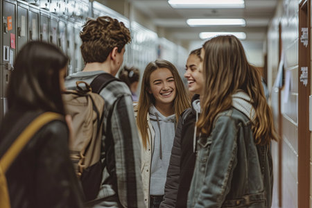 A group of high school students, including two girls and a boy, walk down a hallway lined with lockers. They are laughing and talking, seemingly enjoying their time together during the school day.の素材