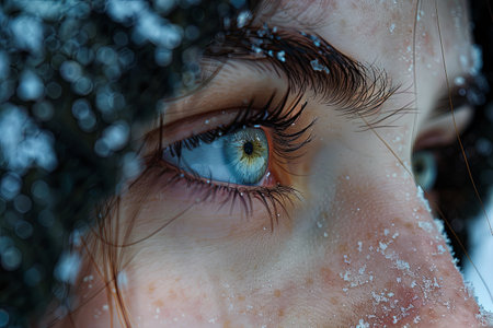 A woman's eye is covered in snowflakes, with a hint of blue visible in the background. The image is a close-up shot, highlighting the detail of the snow on her eyelashes and the delicate skin around her eye.の素材