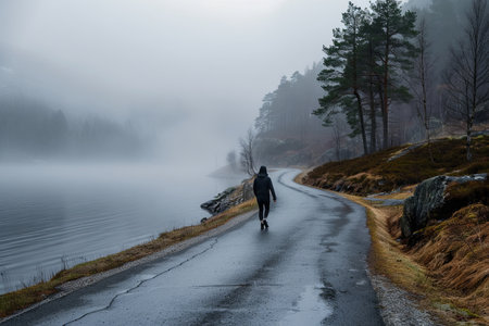 A person walks alone on a wet, winding road that leads around a lake, shrouded in a thick fog. Tall trees line the roadside, and the misty morning light casts a soft, ethereal glow.の素材
